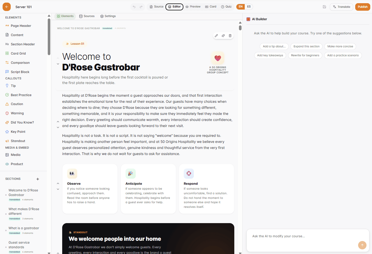 Course builder with an existing restaurant manual already loaded and translated