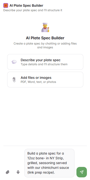 AI plate spec builder generating a structured plate spec from a description