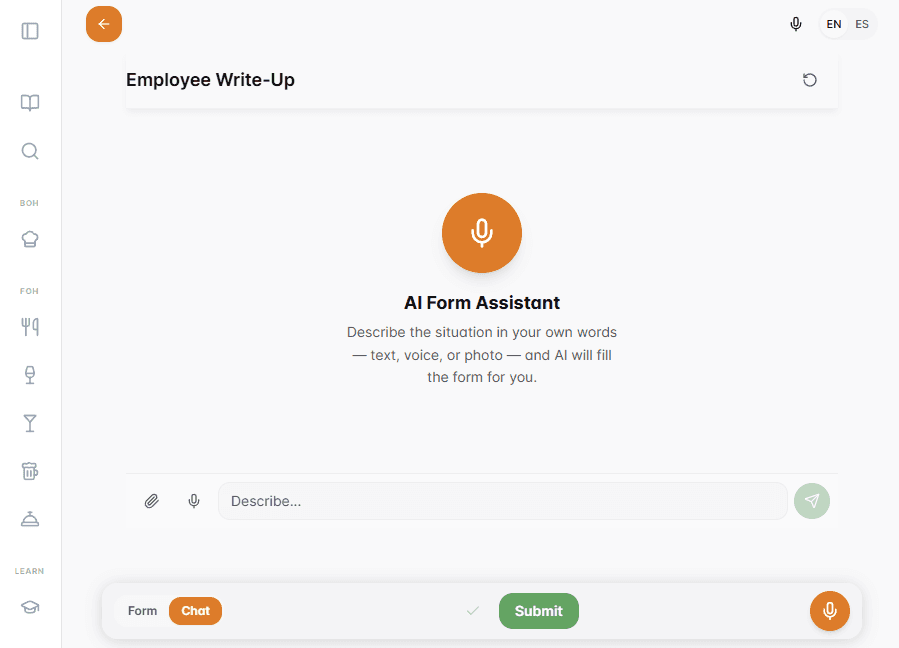 AI form assistant generating an employee write-up from a conversation
